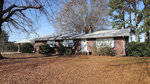 A single-story brick house with a white roof and a large front yard covered with fallen leaves, flanked by tall trees under a clear blue sky.