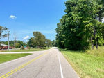 A two-lane road stretches ahead with a yellow dividing line, flanked by green trees and grass under a clear blue sky.