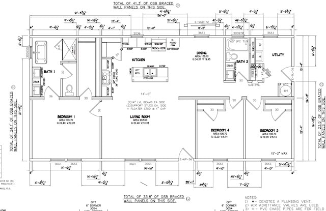 Architectural floor plan of a residential house, displaying room layouts, dimensions, and notes for construction.