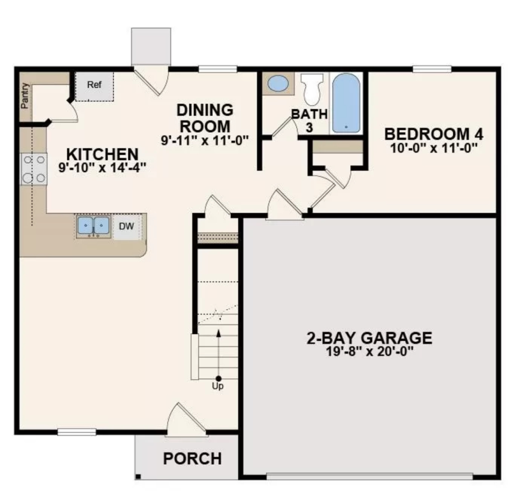 Floor plan of a single-story house showing a kitchen, dining room, three bathrooms, four bedrooms, a two-bay garage, a porch, and staircase leading to an upper level.