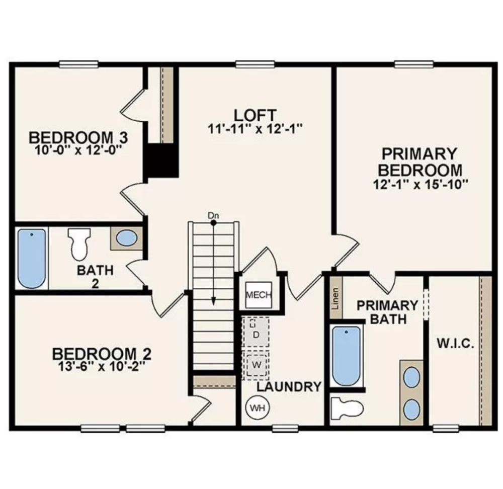 Floor plan of a two-story house featuring three bedrooms, two bathrooms, a loft, laundry room, mechanical room, and a walk-in closet connected to the primary bedroom.