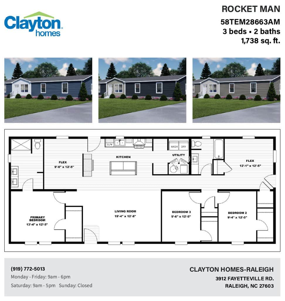 New modular home model "rocket man" by clayton homes featuring 3 bedrooms, 2 bathrooms, and 1,738 sq. ft. living space, with exterior views and floor plan layout.