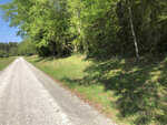 A quiet country road at 00 Leisure Lane, Henderson NC, flanked by tall green trees on one side and a neatly trimmed grass verge on the other, with clear blue skies overhead.