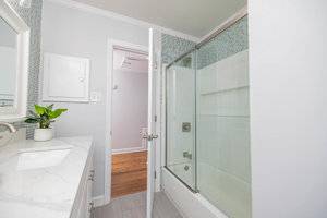 A clean and bright bathroom with glass shower doors, white vanity, and a plant on the countertop.