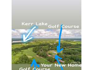 Aerial view of a golf course with surrounding woodland area pointing towards a potential home location near kerr lake.