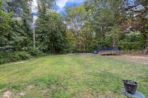 A spacious backyard featuring a well-maintained lawn with a trampoline set against dense foliage under a cloudy sky.