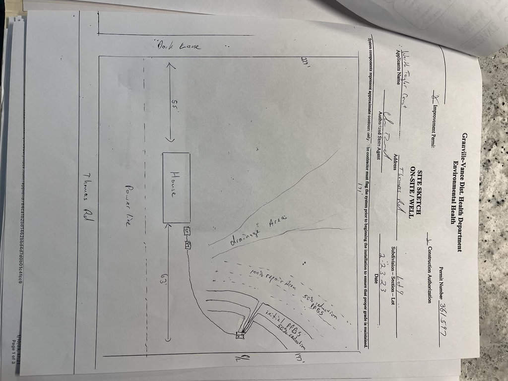 A hand-drawn sketch of a floor plan on a piece of paper, containing annotations and measurements, lying on a surface, slightly tilted to the viewer's right.