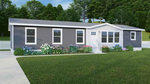 A single-story modular home located at 292 Tristen Lane, Henderson NC, with gray siding and white trim, featuring a small front porch and surrounded by a landscaped garden with colorful flowers and a