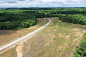 A narrow road meanders through a vast, open landscape, surrounded by dense patches of green trees. The sky is partially cloudy, and the fields appear to be a mix of dry grass and regenerating vegetation, giving a serene, remote countryside feel.