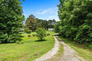 A gravel driveway winds through a lush, green landscape, flanked by trees and bushes. The path leads to a small, white building in the distance under a blue sky with scattered clouds.