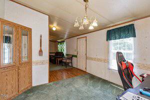A cozy room with green carpet and wood accents. A hanging chandelier light fixture centers the space. A wooden cabinet and a gaming chair are present. A doorway leads to an adjoining living area with a couch and a glimpse of a green wall.