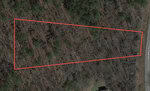 Aerial view of a woodland area with sparse trees. A red line outlines a trapezoidal piece of land that stretches diagonally from the bottom left to the top right, meeting a small section of paved road labeled "1641 Sims Bridge Road," near Kittrell, on the right side.