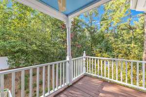 A view from a white wooden porch with a blue ceiling, overlooking a lush, green garden with various trees and plants. The porch has a railing, and the sun is shining, making it a serene outdoor space.