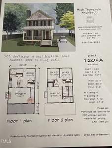 A house blueprint featuring two floors. The first floor plan shows a porch, living and dining areas, a kitchen, and stairs. The second floor includes bedrooms and a bathroom. Architectural details and contact information for Rick Thompson are visible.