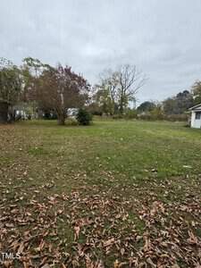A grassy backyard at 332 Hamilton Street is adorned with scattered fallen leaves, surrounded by trees showing off their autumn foliage. The sky remains overcast above Henderson, and a small white building is visible on the right side of the image.