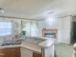 A cozy kitchen with light-colored countertops, a double sink, and wooden cabinets. A section of the kitchen extends into a breakfast bar. A living area with a fireplace is visible in the background. A plant and a lamp sit on the windowsill.