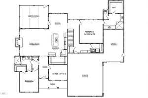 Floor plan layout showing a home office, family room, kitchen, dining area, screen porch, primary bedroom with ensuite and walk-in closet, additional bedroom, two garages, foyer, and several other labeled spaces.