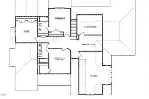 A black and white floor plan featuring two bedrooms, a study, two bathrooms, a flex space, a media loft, and a bonus room. The layout includes stairs and clearly marked rooms.