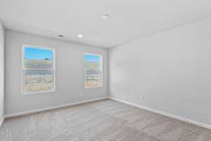 An empty room with light gray walls and two windows showing a grassy landscape. The floor is carpeted in a beige texture, and the room has a simple ceiling light fixture.