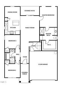 Floor plan of a house featuring a 2-car garage, three bedrooms, two bathrooms, kitchen, dining room, family room, master bedroom with en-suite and walk-in closet, laundry room, covered porch, and covered patio.