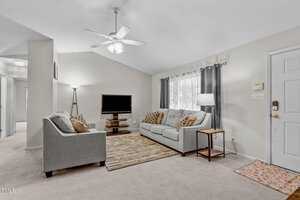 A cozy living room with two gray sofas facing each other, a TV on a stand, and a floor lamp in the corner. A patterned brown rug is on the carpeted floor. The room is lit by natural light through a curtained window and a ceiling fan light.