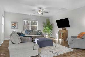 A cozy living room with a gray sectional sofa, an armchair, and a blue ottoman on a patterned rug. A wooden cabinet stands beneath a wall-mounted TV. A ceiling fan is above, with a large plant by the window. Neutral walls and hardwood floors complete the space.