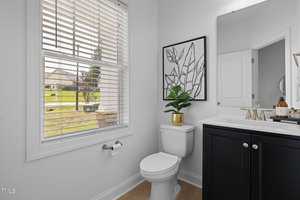 A modern bathroom with white walls and wood flooring features a toilet, a white sink atop a dark vanity, and a decorative plant in a pot. A large window with blinds brings in ample natural light. A framed leaf artwork hangs above the toilet.
