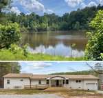 Top image shows a tranquil pond surrounded by lush green trees. Bottom image features a single-story beige house with a porch, set in the rural wooded area of Franklinton under a partly cloudy sky. This serene scene captures the essence of 4502 Nc Hwy 56 East.