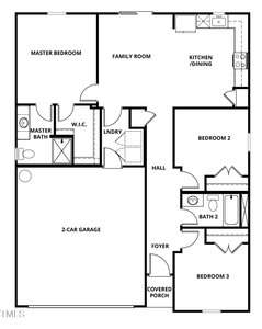 A floor plan of a single-story home with a master bedroom, two additional bedrooms, two bathrooms, a family room, kitchen/dining area, laundry room, and a 2-car garage. There's also a covered porch and foyer.