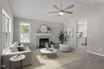 Located at 106 Green Tree Circle, this modern living room in Oxford features a beige sofa, wooden coffee table, and a cozy fireplace. A large window lets natural light flood the space, while a ceiling fan adds elegance to the high ceiling. Plants and decorative items complete the mantel and side table.