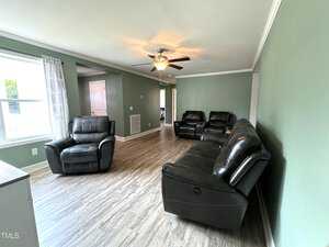 A living room with green walls, featuring black leather sofas and an armchair. A ceiling fan is installed overhead. The floor is light wood, and sunlight comes through a window with sheer curtains. A doorway leads to another room.