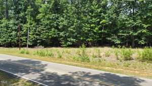 A quiet rural road bordered by a dense forest of green trees. The road is two-lane and lined with grass on either side, while tall trees create a natural backdrop under a clear sky.