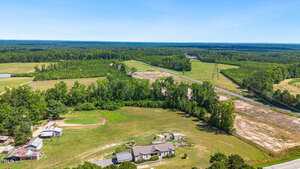 Aerial view of a rural landscape featuring a single house surrounded by fields and trees. A road cuts through the lush greenery, and the horizon showcases a vast expanse of forest under a clear blue sky.