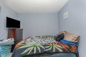 A bedroom with light blue walls features a bed covered in a colorful blanket with a tiger design. There's a stack of pillows and a flat-screen TV on a brown dresser. A laundry basket is nearby, and a small wall decoration is visible.