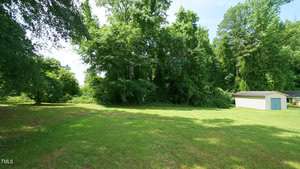A lush, green yard under a clear blue sky features a spacious grassy area bordered by tall trees and a small, white shed to the right.