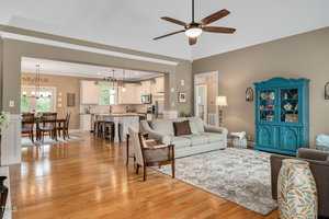Open concept living area with a gray sofa, patterned rug, and ceiling fan. A turquoise cabinet stands against a brown wall. The kitchen features white cabinetry and a breakfast bar. A dining table is visible in the adjacent room. Wood flooring throughout.