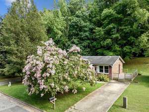A small brick house with a sloped roof is surrounded by lush greenery and a blooming tree with pink flowers in the front yard. The driveway and mailbox are visible in the foreground under a clear blue sky.