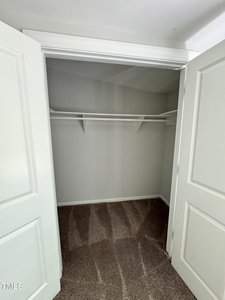 An empty closet with open white double doors. Inside, there's a single white shelf and hanging rod. The walls are light gray and the floor is carpeted in a brownish tone.