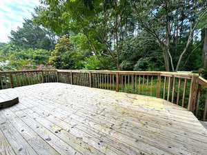 Wooden deck overlooking a lush garden with tall trees and flowering shrubs. The sky is partly cloudy, casting dappled sunlight on the scene.