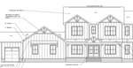 Architectural blueprint of a two-story house at 1206 Pond Side Drive, Creedmoor, with detailed measurements. The design features decorative gables, a shingled roof, columns, and board and batten siding. Annotations highlight specific features and dimensions.