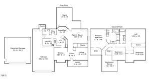Floor plan of a two-story home with a detached garage. The first floor includes a family room, kitchen, breakfast area, dining room, office, and laundry. The second floor hosts a primary bedroom, two additional bedrooms, a loft, and bathrooms.