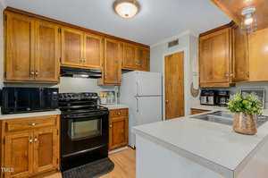 A cozy kitchen with wooden cabinets, black appliances, and a white refrigerator. A small island with a sink is centered, adorned with a potted plant. The room has overhead lighting and a microwave on the countertop.