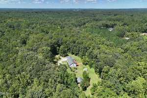 Aerial view of a dense forest with a small clearing featuring a house and two smaller buildings. The landscape is lush with greenery under a blue sky dotted with clouds.