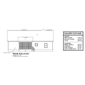 Architectural drawing of a house's rear elevation showing dimensions, porch, stairs, and roofline details. A square footage chart lists heated and unheated areas, including first and second floors, garage, porches, and future bath.