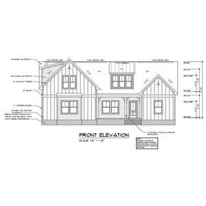 Architectural drawing of a house's front elevation at 1201 Pond Side Drive in Creedmoor, showcasing a detailed layout with specifications for siding, lap siding, board and batten, and a porch. Dimensions and labels clearly indicate measurements and materials used.