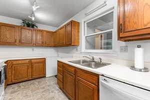A kitchen with wooden cabinets, a double sink, white countertops, and a window above the sink. The floor is tiled, and there's a dishwasher and a roll of paper towels on the counter. A small plant sits on an upper cabinet.