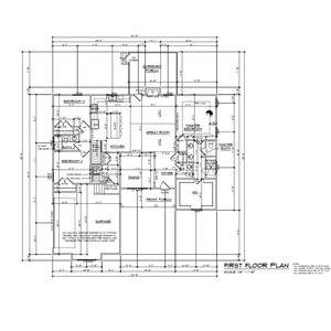 Architectural blueprint of a first floor plan, detailing various rooms including bedrooms, great room, kitchen, and garage. It includes measurements and labels for doors and windows.