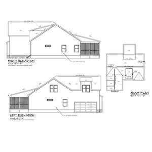 Architectural blueprint showing the right and left elevations and roof plan of a house. The left elevation includes a two-car garage, while the right elevation features a large window. The roof plan displays three sections with their dimensions.