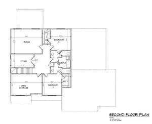 Blueprint of a second floor plan featuring two bedrooms, an office, a bonus room, a bathroom, and unfinished storage. Each room is labeled, with doors and walls clearly indicated. The layout includes a central hallway.