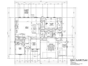 Architectural blueprint of a first-floor plan featuring a great room, kitchen, dining area, master suite, guest suite, laundry room, and garages. Dimensions and labels are included for each room and space.